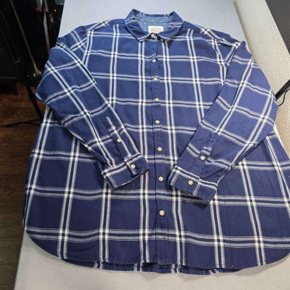 Jachs‎ Girlfriend Mens XXL Blue White Plaid Snap Button Down Shirt Side Pockets